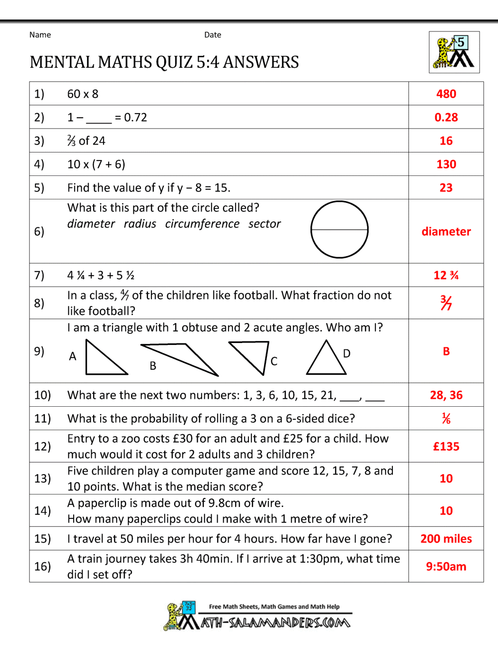 Grade 5 Mental Maths Worksheets