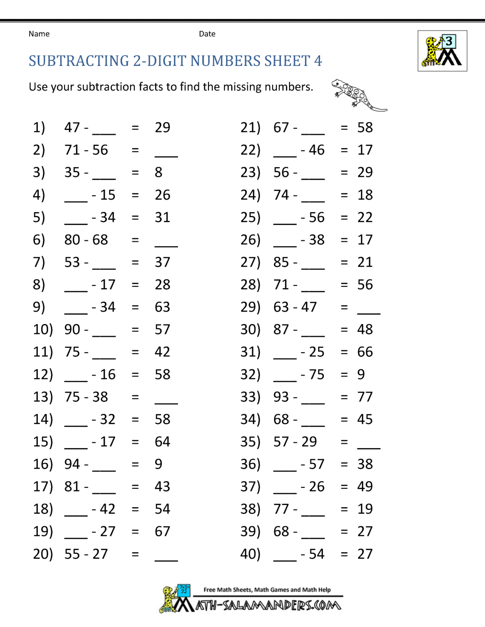 Third Grade Subtraction Worksheets