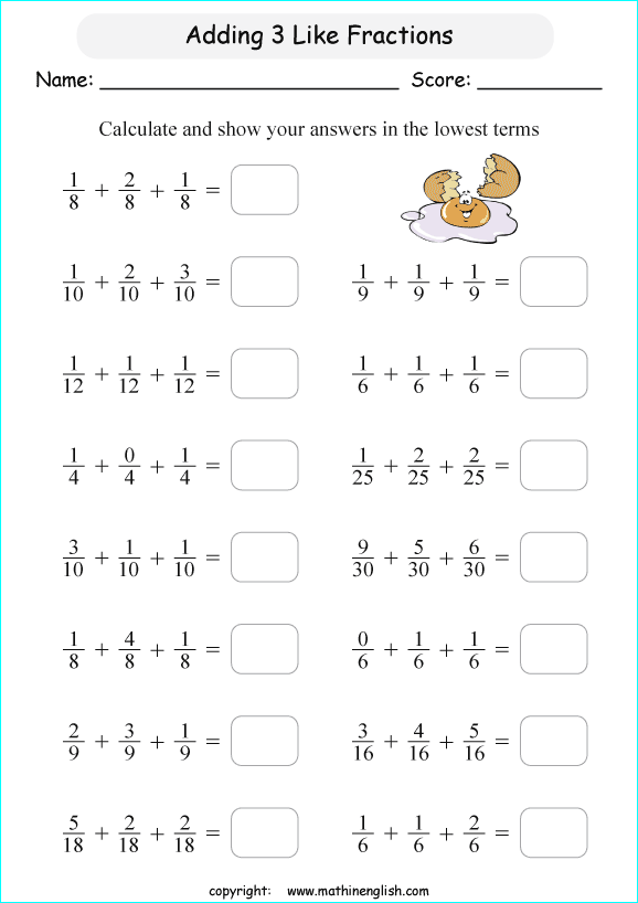 Add 3 like fractions and answer in the lowest possible terms. Grade 3 ...