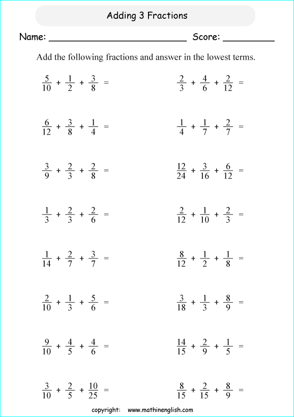 Add 3 unlike fractions in the lowest possible term grade 6 math ...