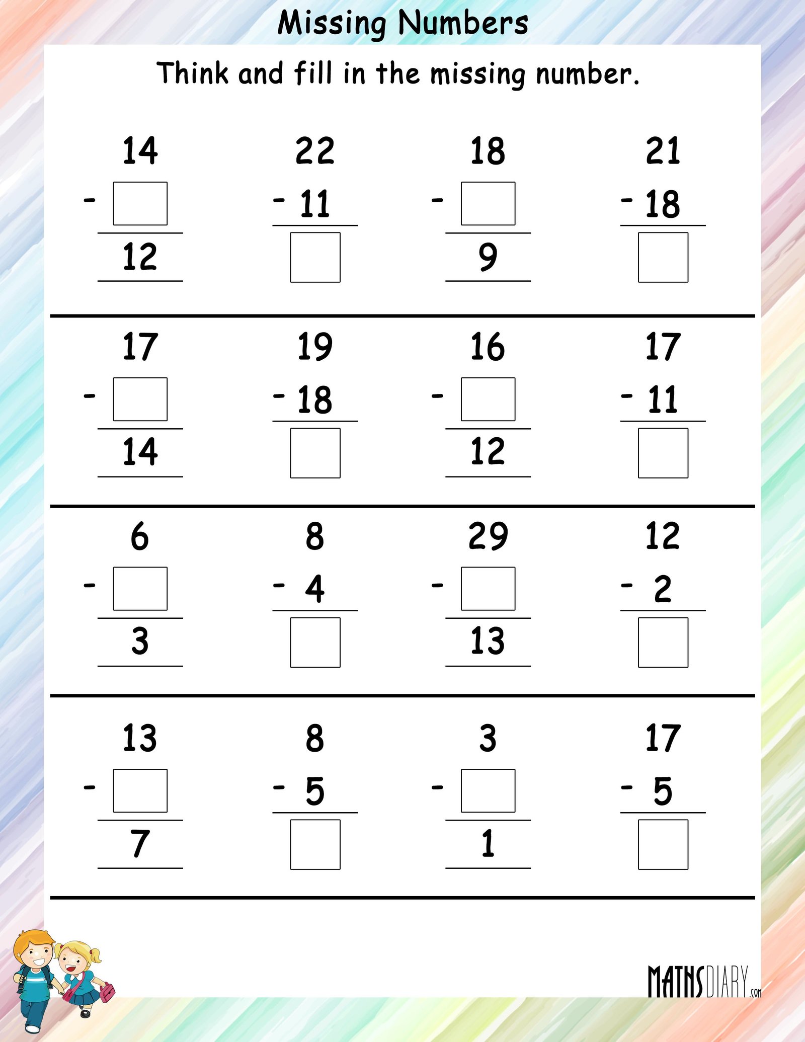 Fill In The Missing Number Worksheets