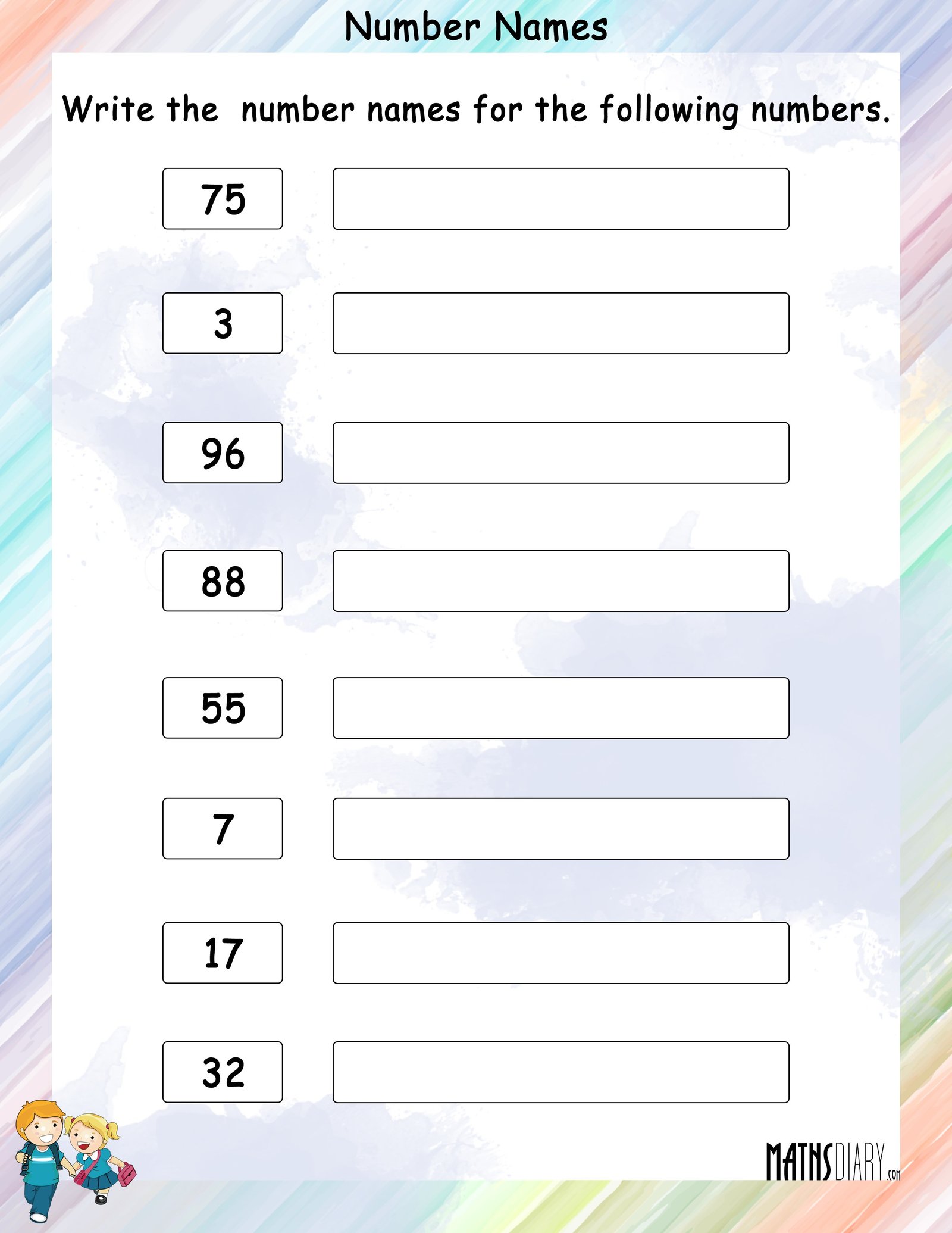 Write number names for given numbers - Math Worksheets - MathsDiary.com