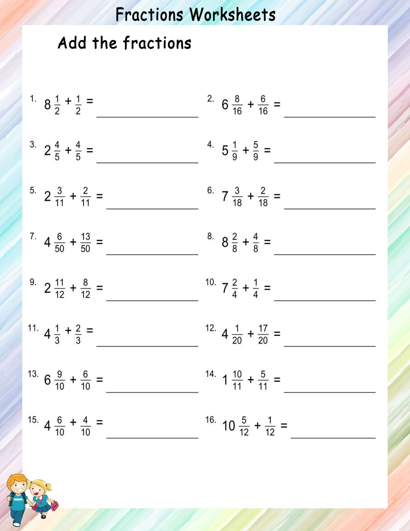 Addition of mixed like fractions - Math Worksheets - MathsDiary.com