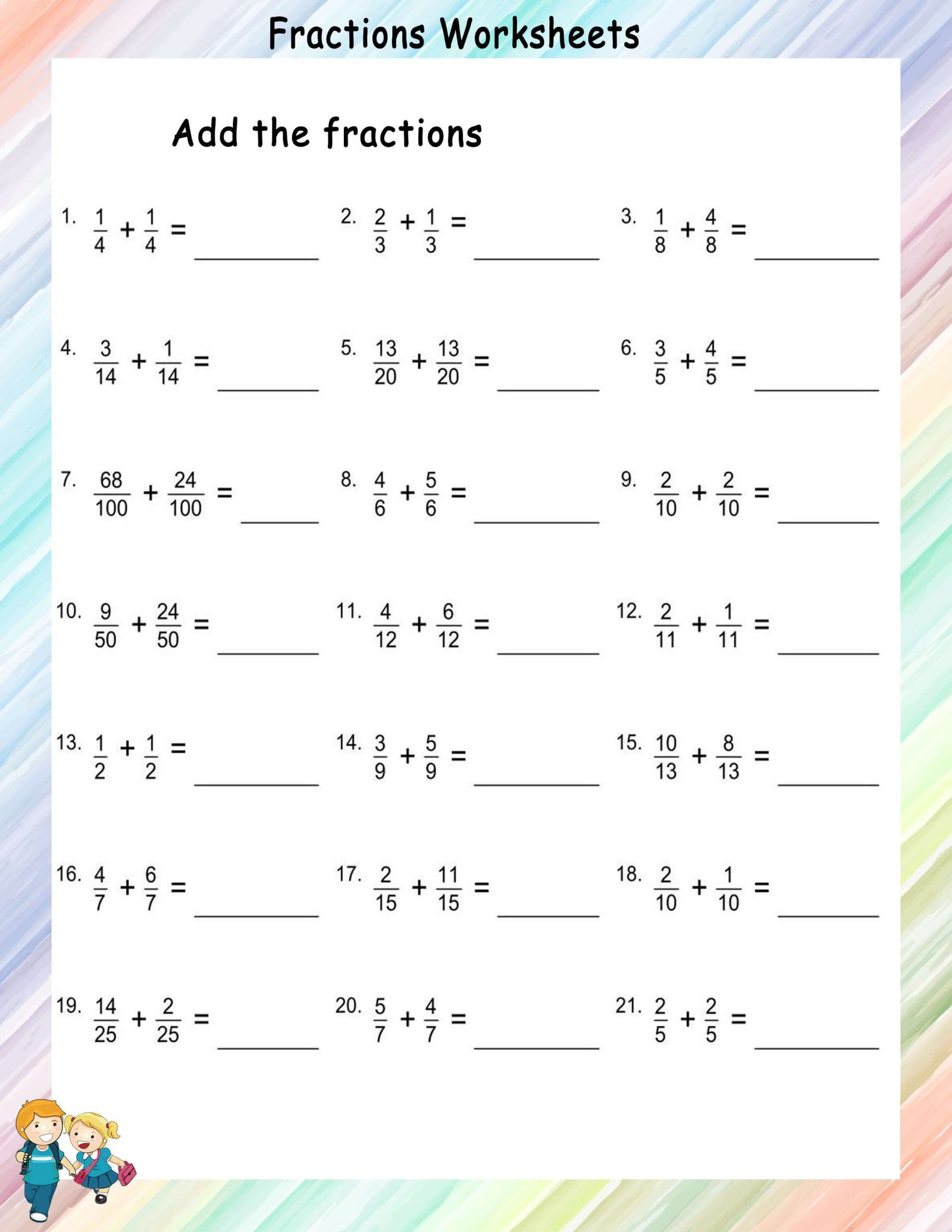 Adding Like Fractions - Math Worksheets - MathsDiary.com