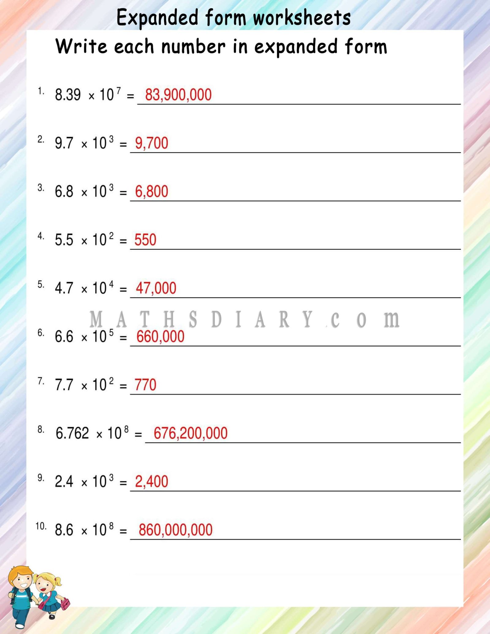 Scientific numbers in expanded form - Math Worksheets - MathsDiary.com