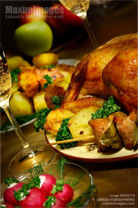 Stock photo of Roast chicken festive food still life Buy commercial use license at MaximImages