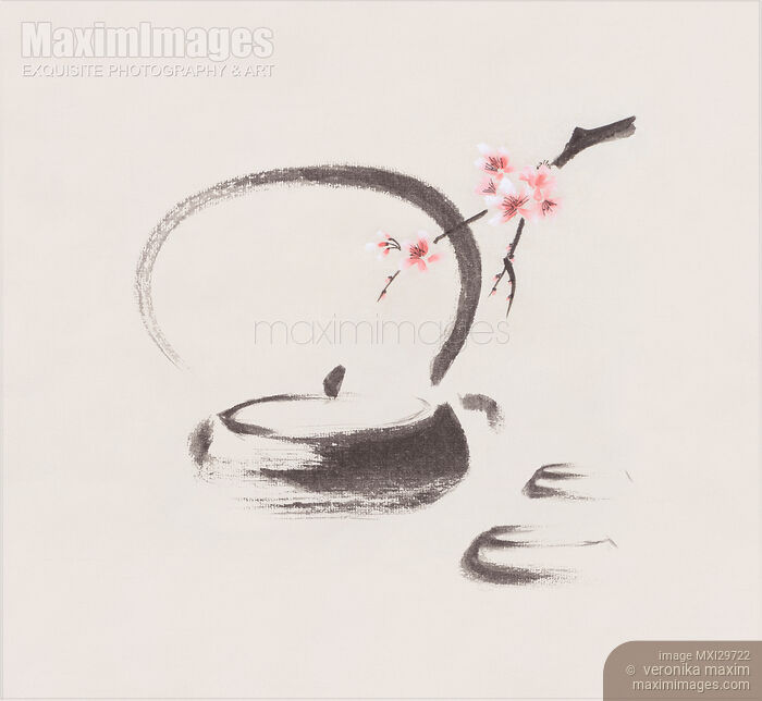 Teapot and sakura blossom Tea ceremony still life Japanese Zen Sumi-e painting Stock Image MXI29722 © Veronika Maxim / MaximImages