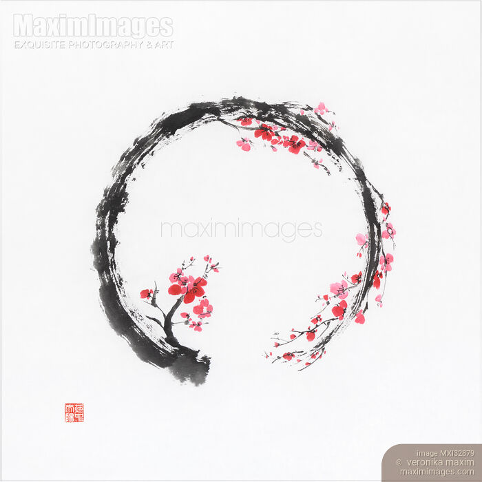 Zen sumi-e conceptual painting of Enso circle as a red cherry blossom branch Stock Image MXI32879 © Veronika Maxim / MaximImages