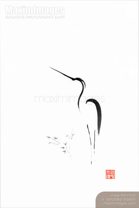 Zen sumi-e painting of a graceful tall heron and young bamboo Stock Image MXI31635 © Veronika Maxim / MaximImages