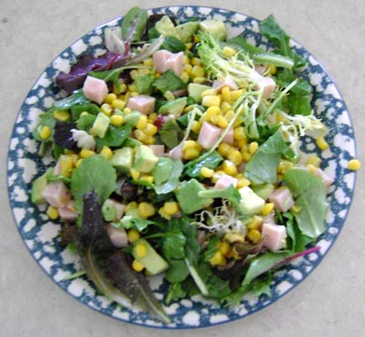 picture of the yummy main dish salad with turkey, corn and avocado