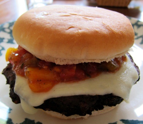 close-up of back bean cheese burger.