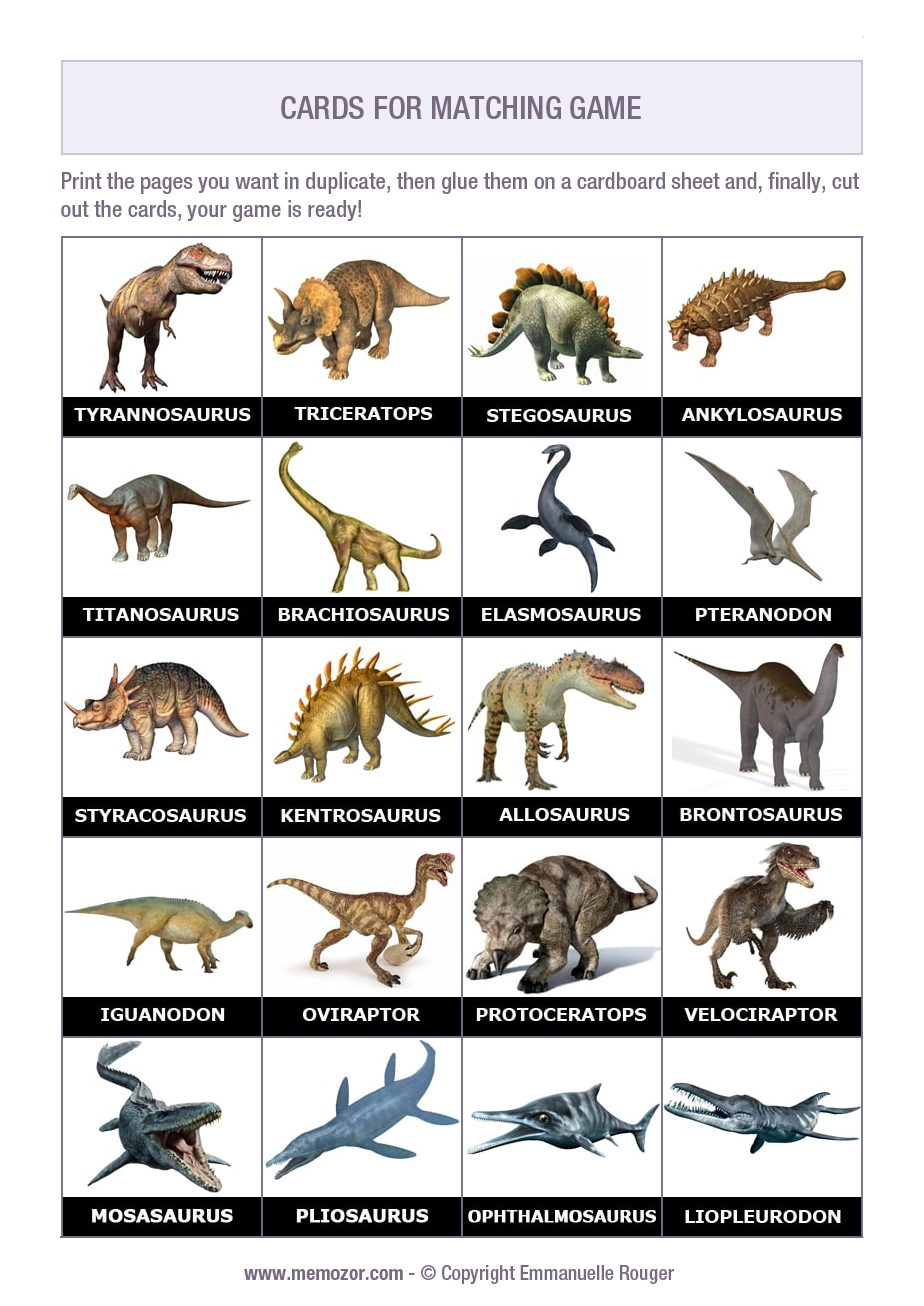 Printable Matching game Dinosaurs + 50 cards | Memozor