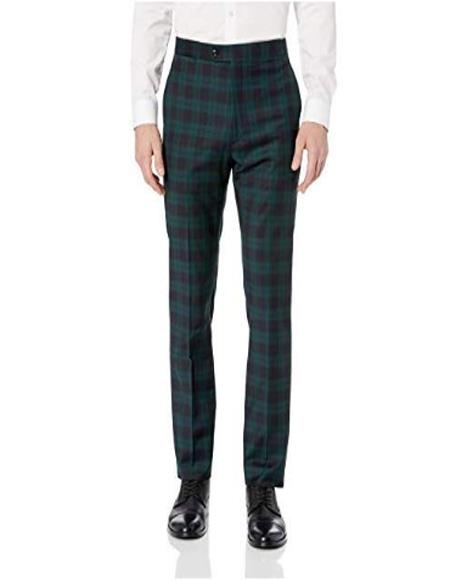 Men's Tartan Olive Green ~ Blue Pattern Plaid Flat Front Pants