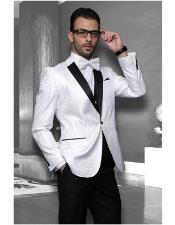  Mens White Sport coat Black Lapel Floral Shiny Tuxedo Paisley Flashy Satin