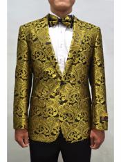  Mens Gold & Black Peak Lapel Paisley Pattern Prom Blazer 