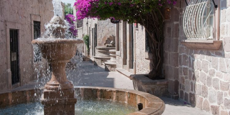 Colonial Fountain and Bougainvillea