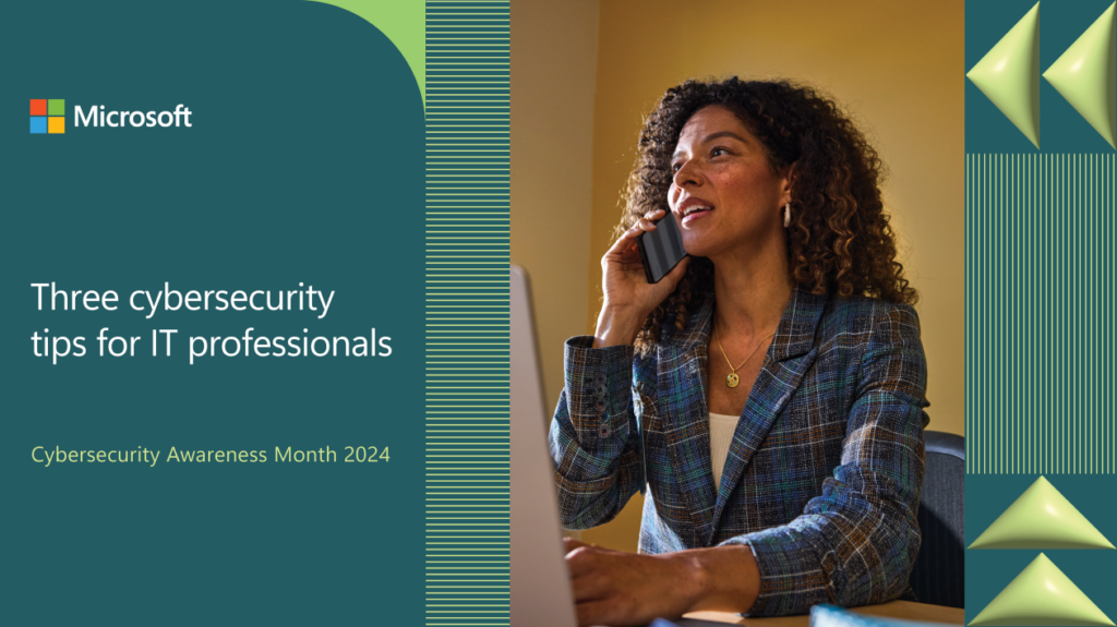 Decorative. An IT professional talking on a mobile phone while sitting at a desk in a school office. The image is framed by graphic elements and includes the Microsoft logo.