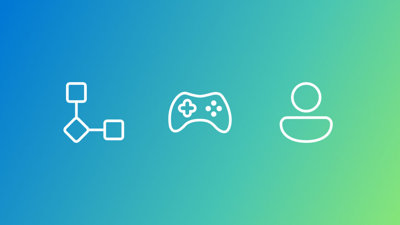 Three white gaming icons on a green and blue gradient background.