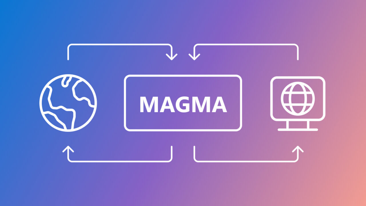 Gradient background transitioning from blue on the left to pink on the right. In the center, a rectangular box with ‘MAGMA’ written in bold white letters. To the left, an icon of a globe representing Earth. To the right, an icon of a computer monitor displaying a globe. Arrows connect these three elements in a circular flow, indicating interaction or data exchange between Earth, MAGMA, and the computer.