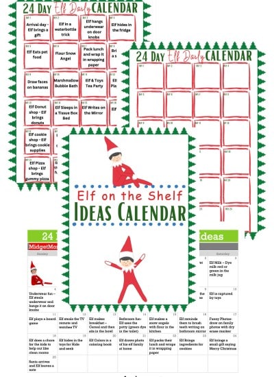 24 days of elf on the shelf ideas calendar printable