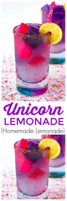 Unicorn lemonade is a fun and tasty color changing drink. Magical just like unicorns but super tasty this unicorn drink will be a hit for everyone. If you are a fan of the Unicorn Lemonade Starbucks drink then you are going to love making this fruity unicorn lemonade drink at home. This easy lemonade recipe is made with homemade lemonade! #Unicorn #Lemonade #HomemadeLemonade #unicorndrink #unicornfood #LemonadeRecipe