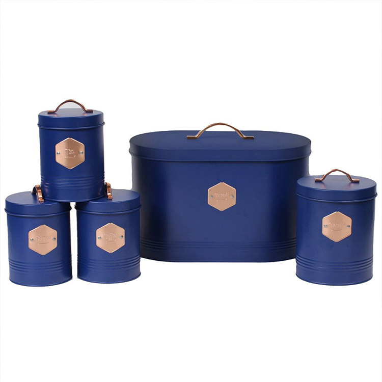 Navy Neo Retro Inspired Galvanized Metal 5 Piece Bread Box Bin Biscuit Tea Coffee