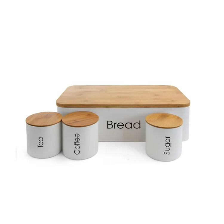 White Kitchen 4 Piece Bread Bin Storage Container and Organization Tea Coffee Sug