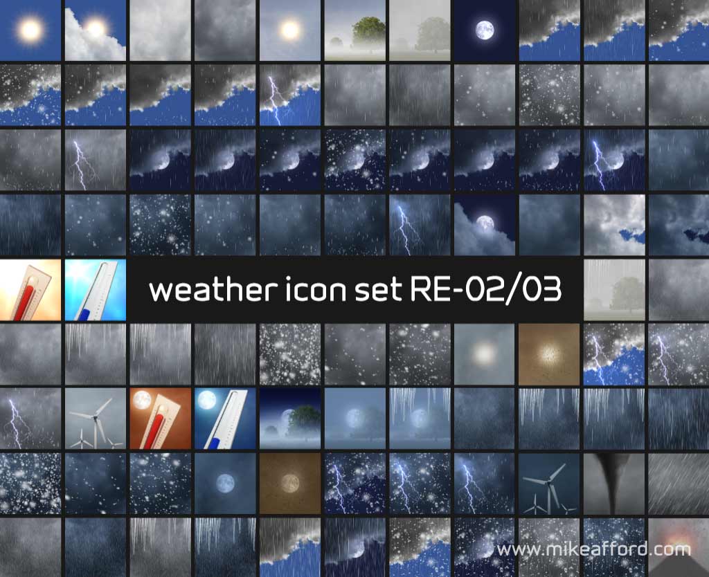 weather icon set RE-02 - this is a low resolution preview image showing the complete set of weather symbols