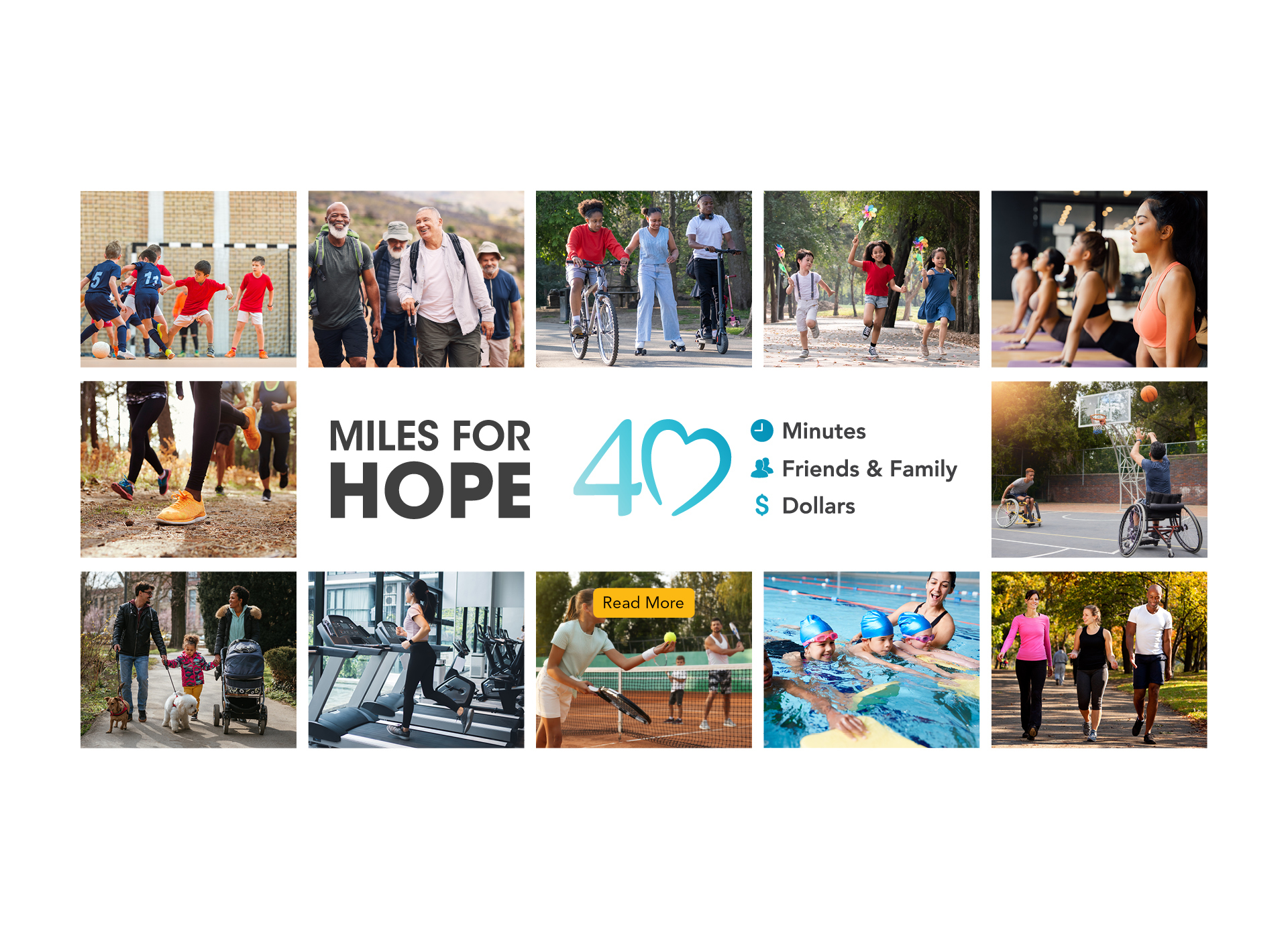 collage with 40 years of hope logo in center