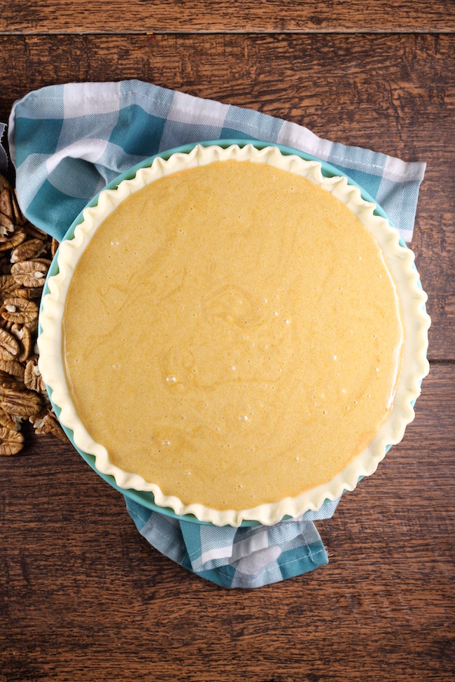 Pumpkin Pecan Pie ready for pecans