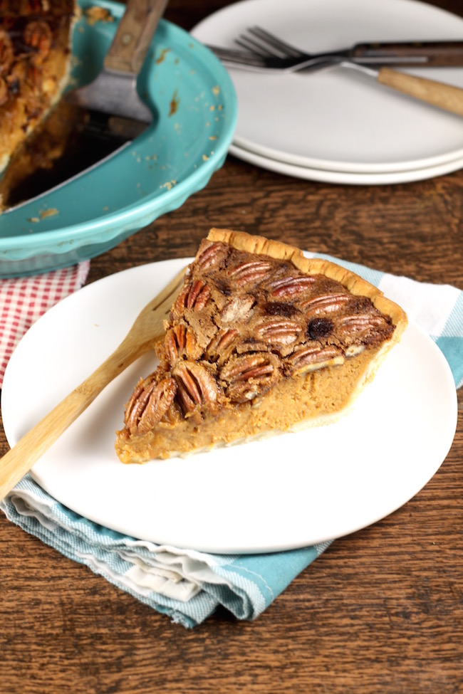 Slice of Pumpkin Pecan Pie with whole pecans and Wewallka Pie Crust