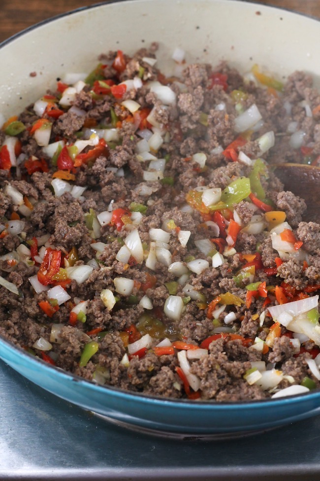 Stuffed Pepper Soup made with bell peppers, ground beef, and rice in a tomato broth.