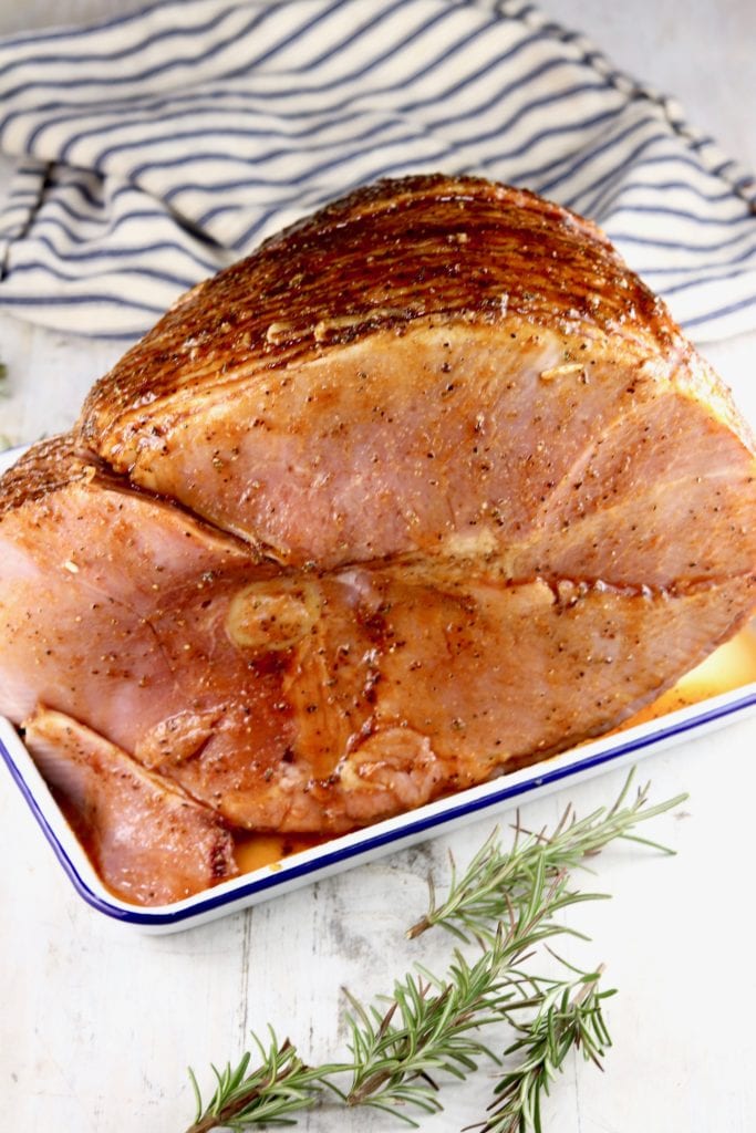 Spiral sliced ham in a baking pan