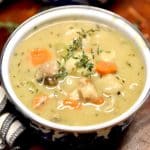 Bowl of chicken and dumplings with carrots.