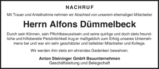 Traueranzeige von Alfons Dümmelbeck von Mittelbayerische Zeitung Schwandorf