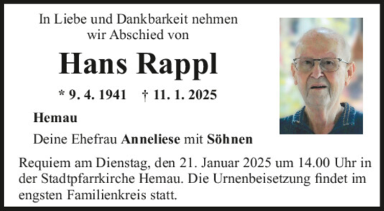 Traueranzeige von Hans Rappl von Mittelbayerische Zeitung Regensburg