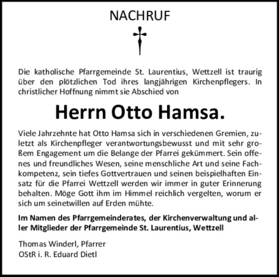 Traueranzeige von Otto Hamsa von Bayerwald Echo