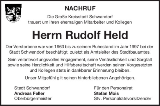 Traueranzeige von Rudolf Held von Mittelbayerische Zeitung Schwandorf