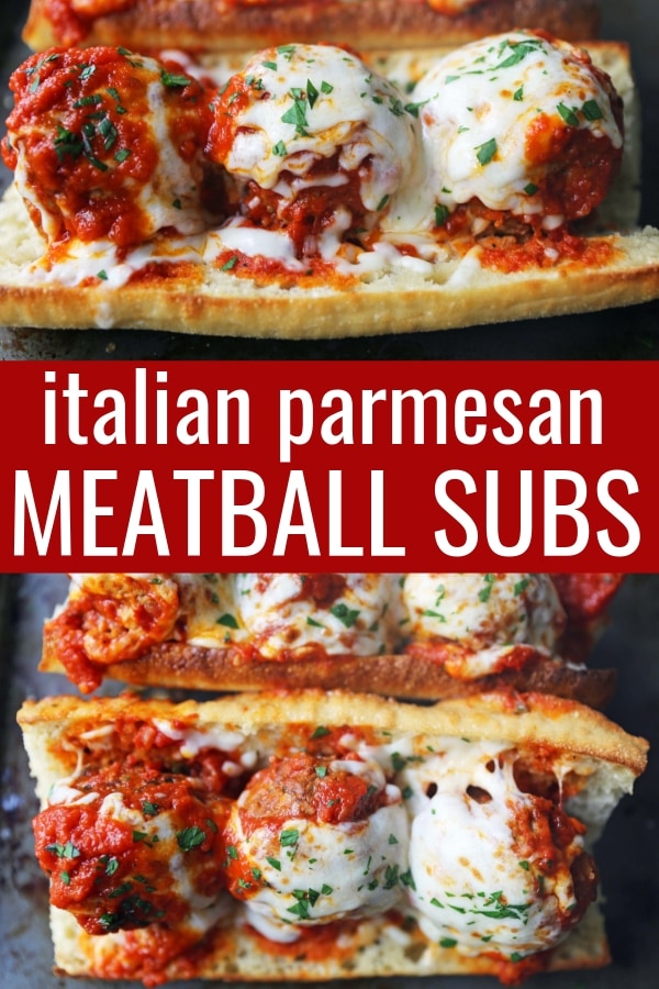 Italian Meatball Subs. Homemade beef parmesan meatballs in a fresh marinara sauce topped with melted mozzarella cheese all on toasted bread. The best meatball sub recipe! www.modernhoney.com #meatballs #meatball #meatballsub