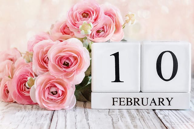 White wood calendar blocks with the date February 10th and pink ranunculus flowers over a wooden table. Selective focus with blurred background.