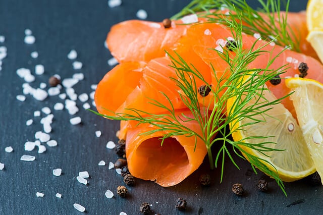 Smoked Salmon with Lemon and Dill selective focus