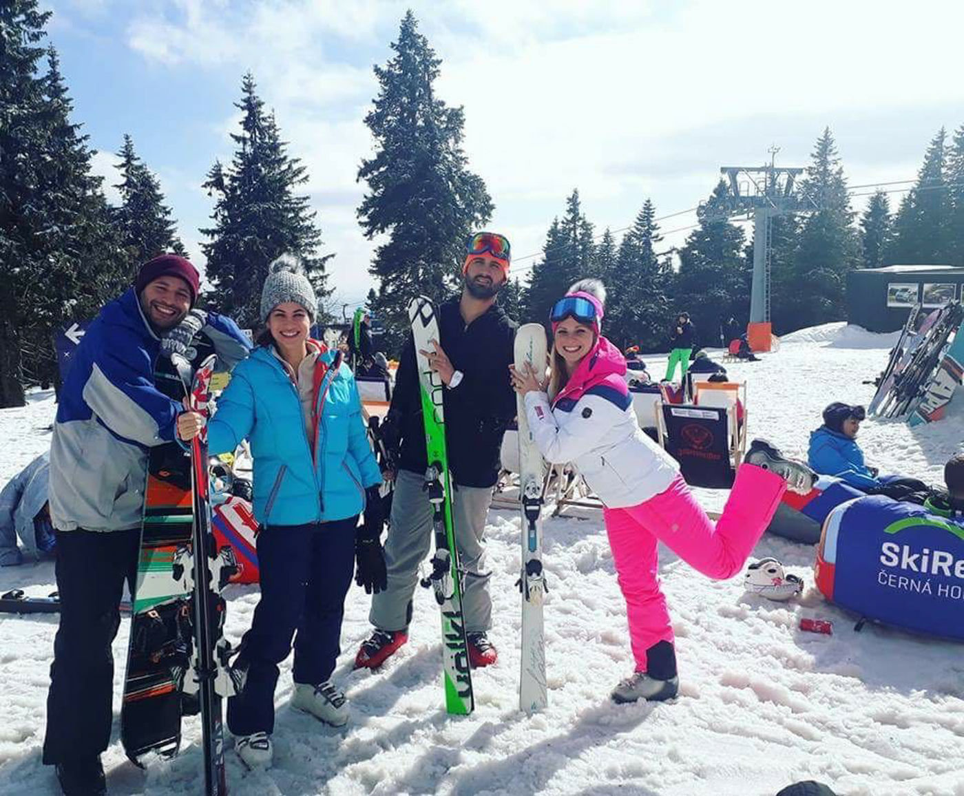 group of friends skiing