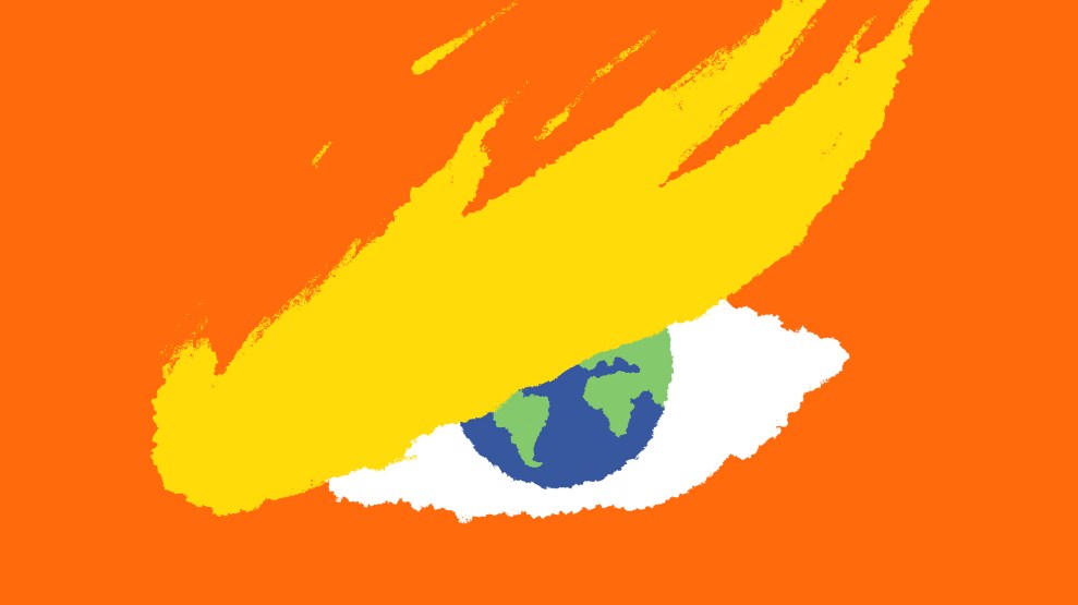 Donald Trump's left eye, iris replaced by Earth and eyebrow resembling a wildfire.