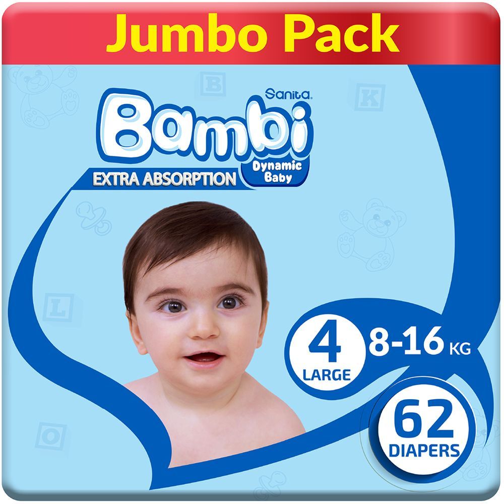 Sanita Bambi Baby Diapers Jumbo,Large,8-16KG,62Count