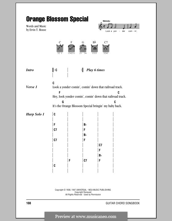 Orange Blossom Special: Lyrics and chords (with chord boxes) by Ervin T. Rouse