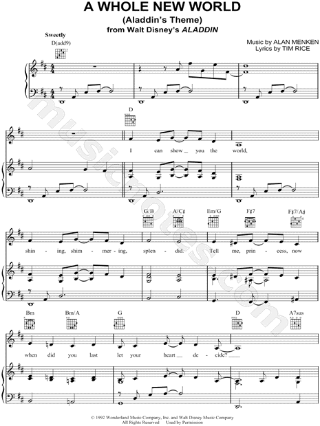 A Whole New World Aladdin S Theme From Aladdin Sheet Music In D Major Transposable Download Print Sku Mn