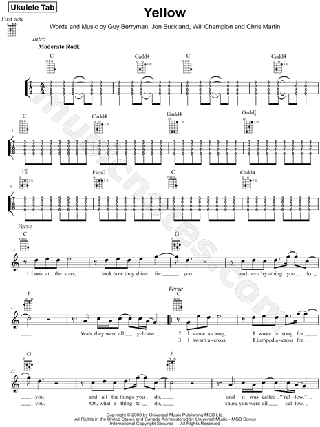 Coldplay "Yellow" Sheet Music (Leadsheet) in C Major - Download & Print - SKU: MN0116370