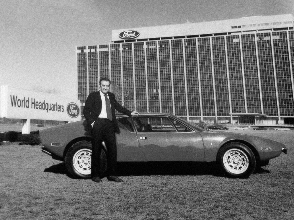 Alejandro de Tomaso was responsible for developing the prototype design of the Mustang II. NOTE: Tomaso pictured here with his famous Pantera in front of Ford World Headquarters.