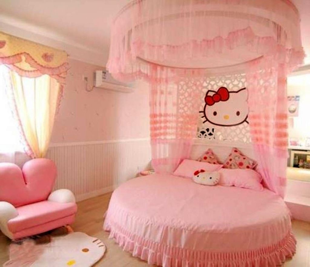 cute girls bedroom ideas with hello kitty theme and round bed