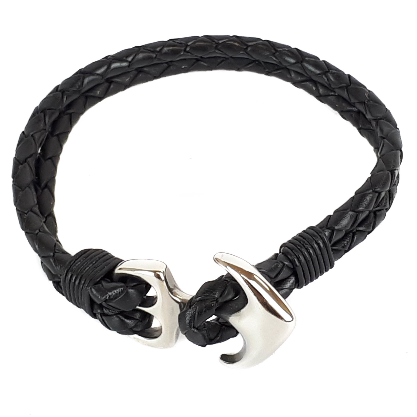 Black Leather And Stainless Steel Anchor Bracelet | Santo Jewellery